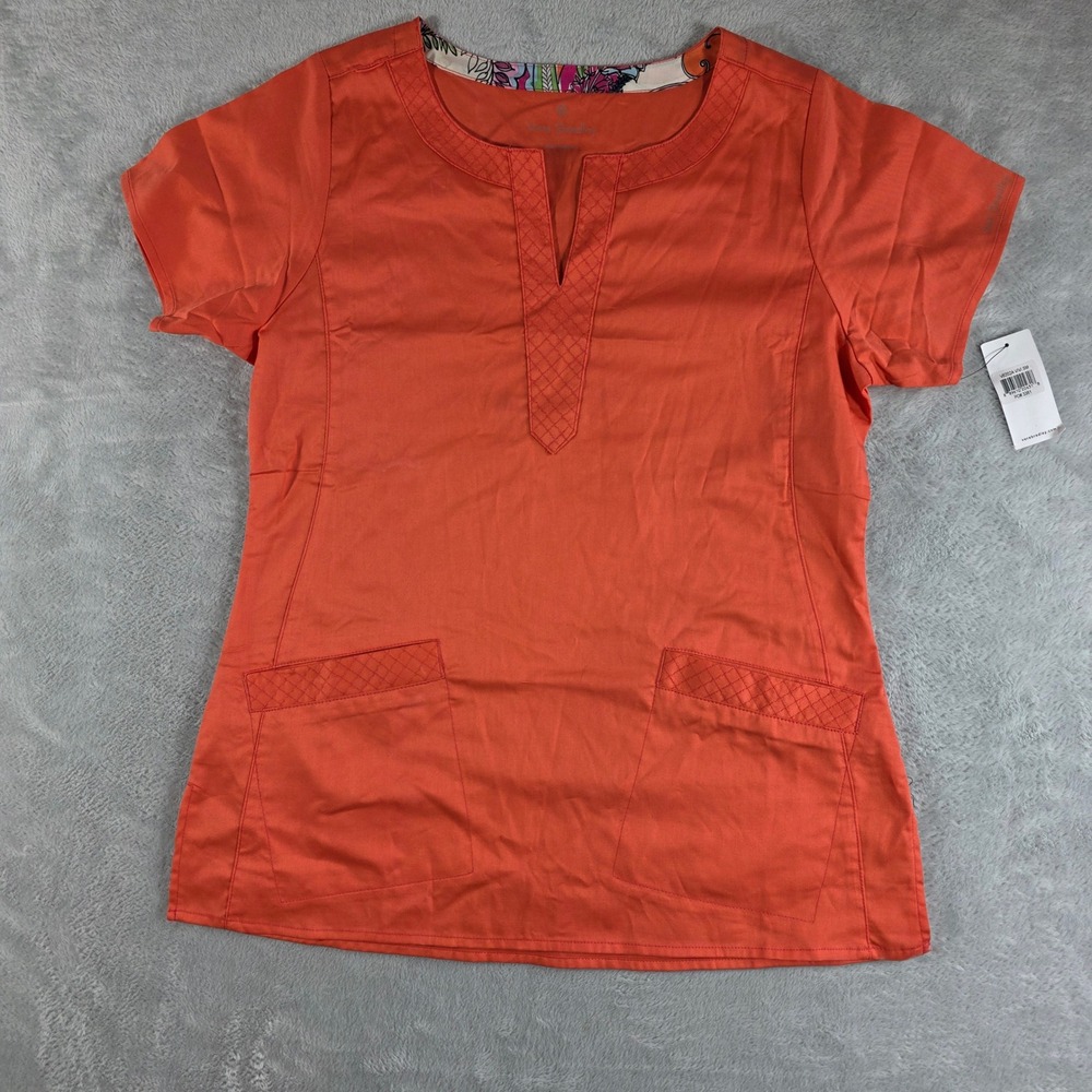 Vera Bradley Vivi Scrub Top Women Small Orange V-Neck Medical Short‎ Sleeve
